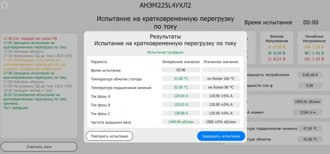 Интерфейс результатов автоматических испытаний электродвигателя